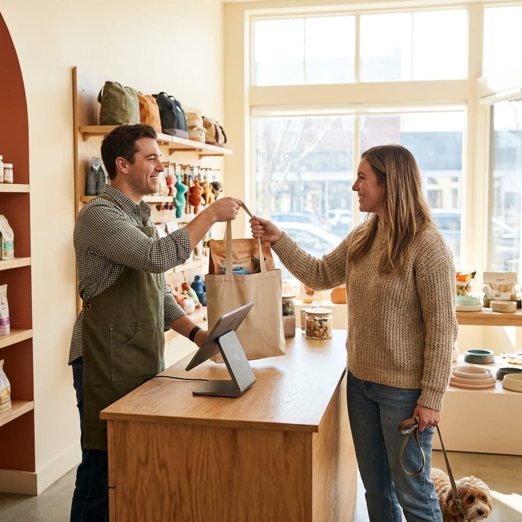 A member of staff handing a packed order across the counter to a customer in a pet shop.