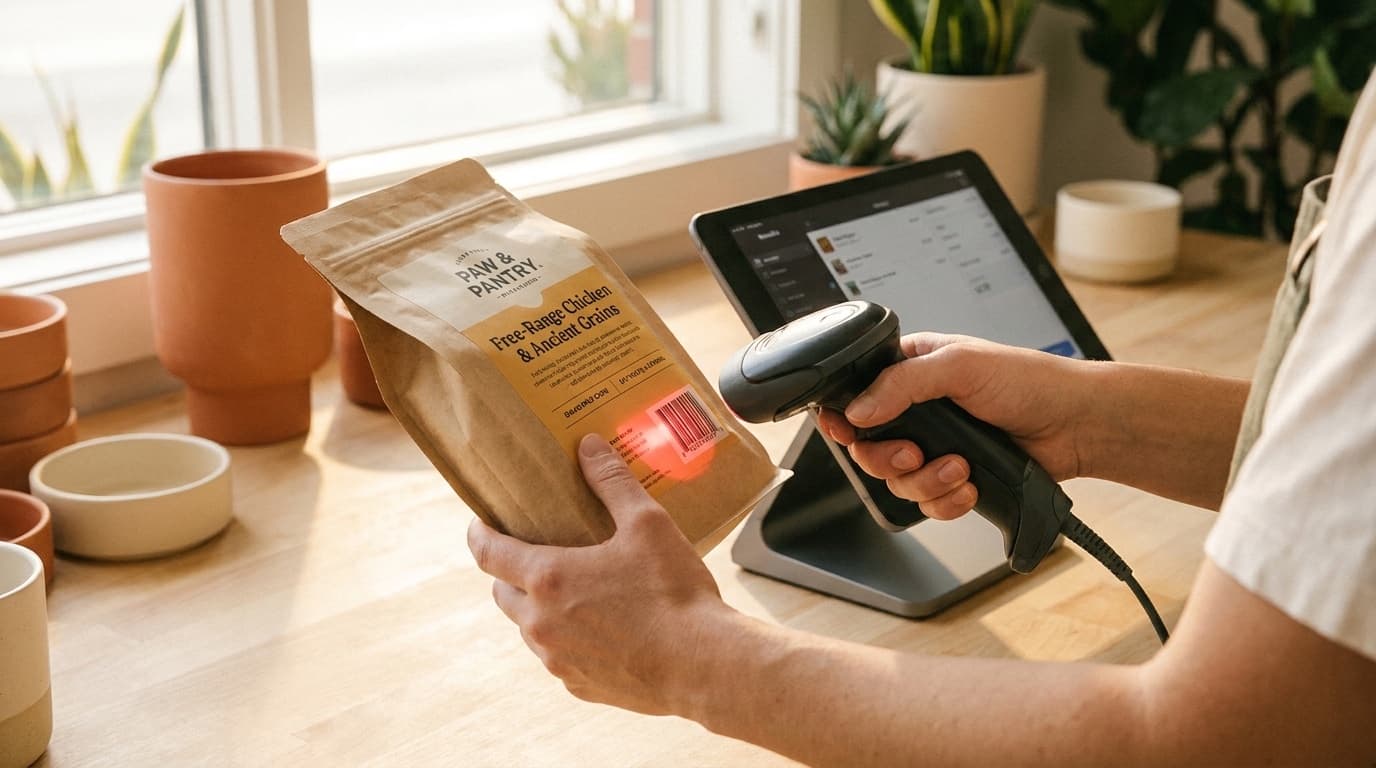 A handheld barcode scanner reading the label on a bag of dog food at the till.
