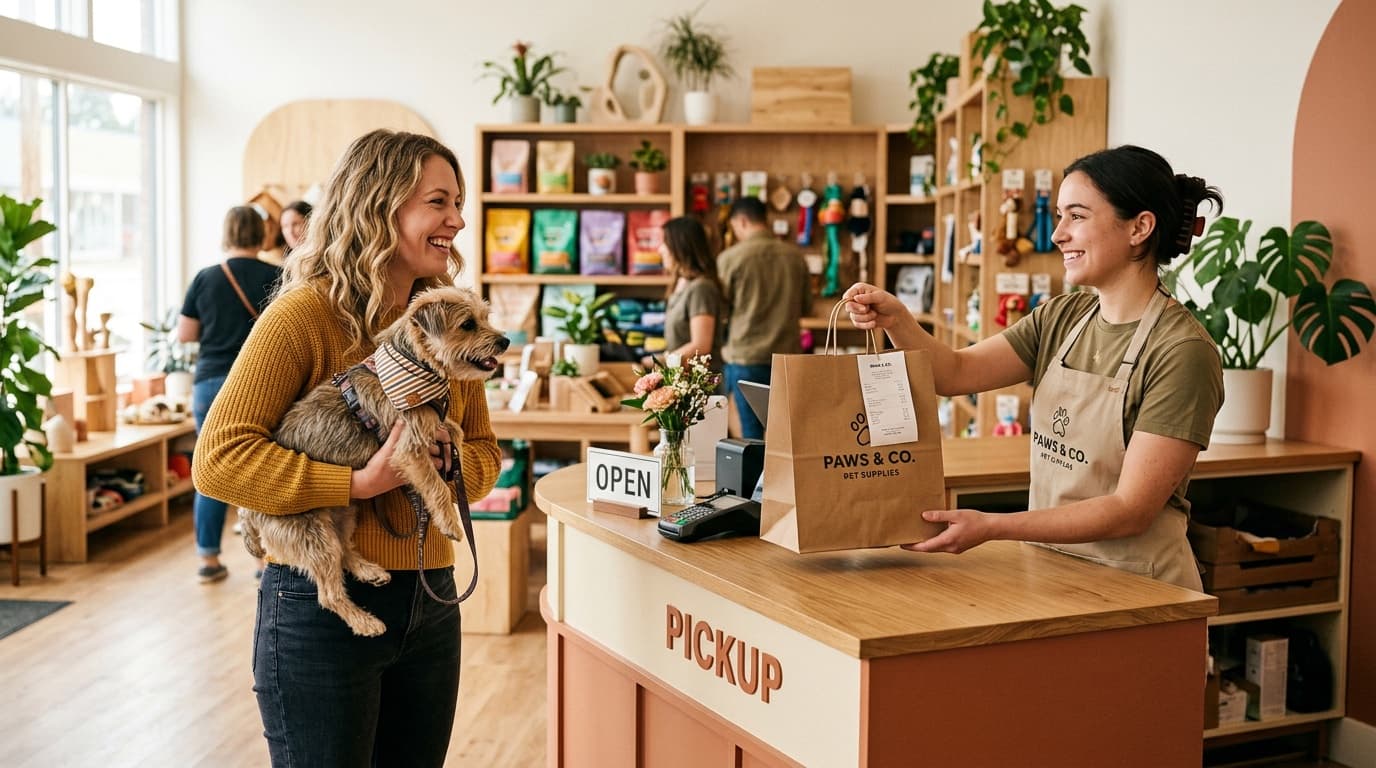 A customer holding her dog collects a packed order from the pickup counter.